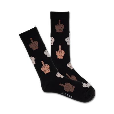 Pair of black crew socks with a pattern of multi-skin tone middle fingers. A subtle 'K.BELL' logo is on the bottom.