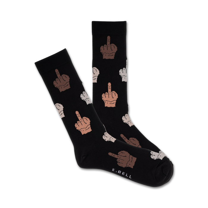 black crew socks with a pattern of middle fingers in various shades of brown.   