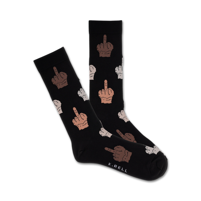 Pair of black crew socks with a pattern of multi-skin tone middle fingers. A subtle 'K.BELL' logo is on the bottom.