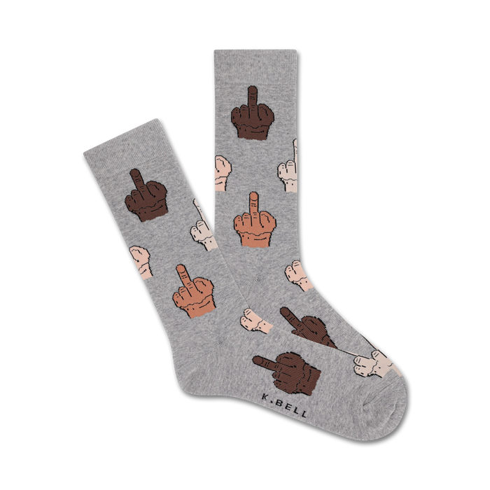 mens novelty pixelated socks, crew length, middle fingers pattern, various skin tones    