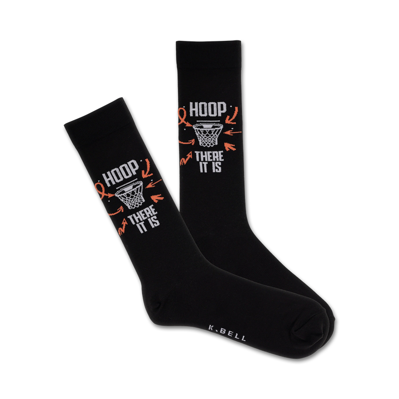 Pair of black crew socks with an orange and white basketball hoop graphic and the text 'HOOP THERE IT IS'.