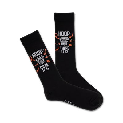 Pair of black crew socks with an orange and white basketball hoop graphic and the text 'HOOP THERE IT IS'.