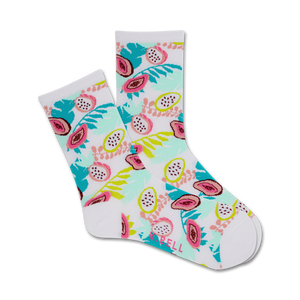 Pair of white crew socks with a tropical floral design featuring papaya and leaf patterns in pink, teal, and green.
