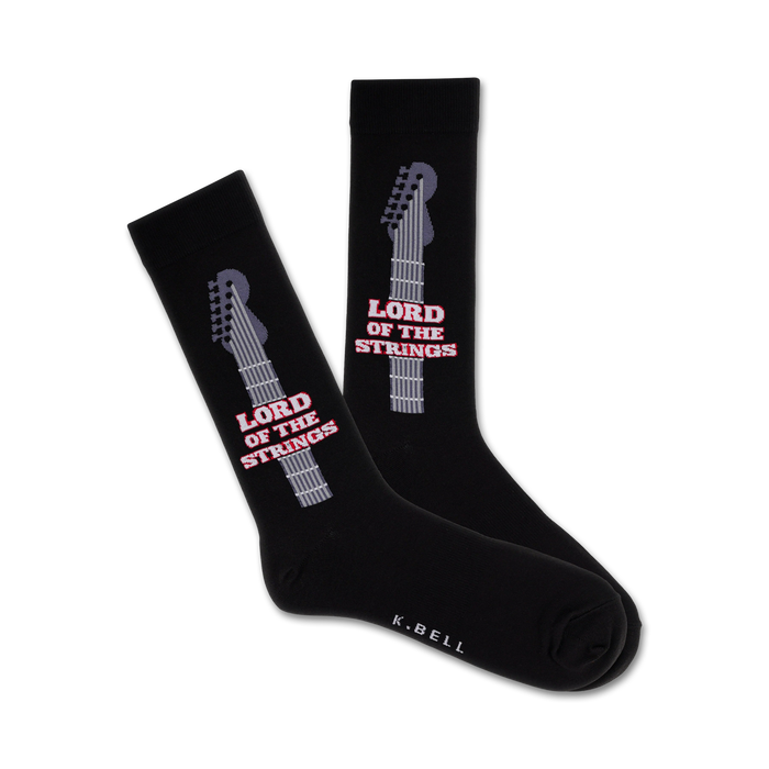A pair of black crew socks with a grey guitar neck graphic and 'Lord of the Strings' text. Red accents add a pop of color. }}