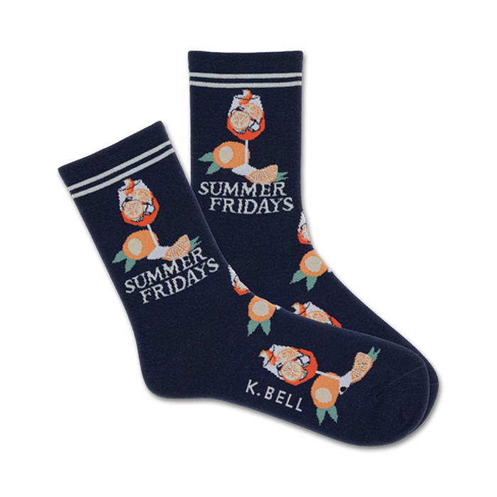 A pair of navy blue crew socks with a fun design. The socks feature an illustration of an orange cocktail drink and the words 'Summer Fridays'. }}