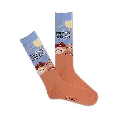 Pair of crew socks in peach and light blue.  The design features a sun, buns, and the text 'Suns Out Buns Out'.