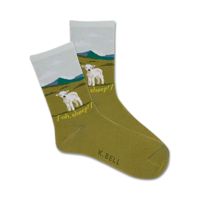 Pair of crew socks; olive green with a cream-colored top featuring two lambs in a pastoral scene and the text 'Oh, Sheep!' }}