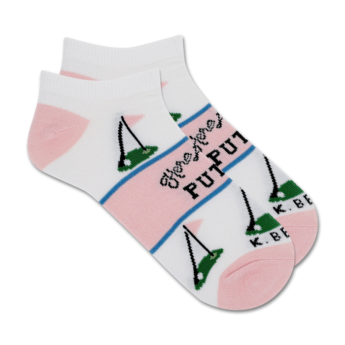 ankle-length women's golf socks with white, pink, and light blue patterns of golf clubs, golf balls, and the words 'here for the putts'.   }}