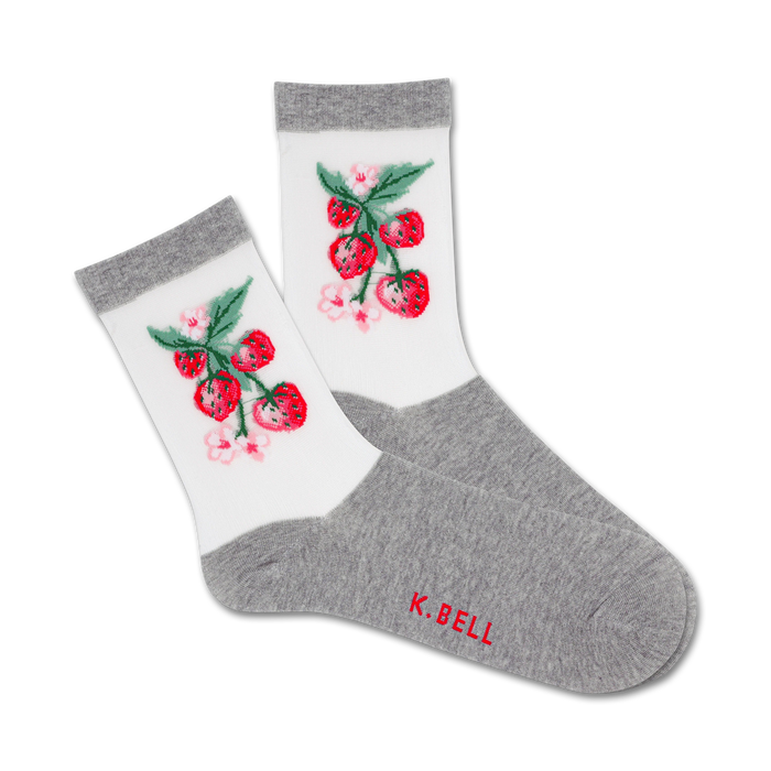 sheer strawberry vines women's crew socks. red strawberries, green leaves, white background.    }}
