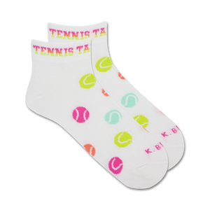 Pair of white ankle socks adorned with colorful tennis ball graphics and the phrase 'Tennis Takes Balls' at the top.