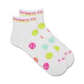 ankle socks for women with "tennis takes balls" text on top and a multicolor tennis ball pattern.   
