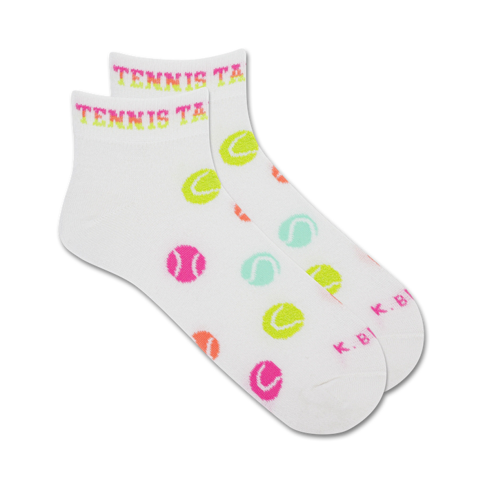 Pair of white ankle socks adorned with colorful tennis ball graphics and the phrase 'Tennis Takes Balls' at the top.