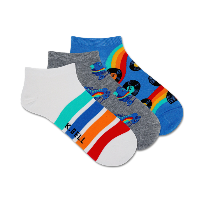 womens' ankle socks with roller skate, rainbow, and music-themed patterns.   }}