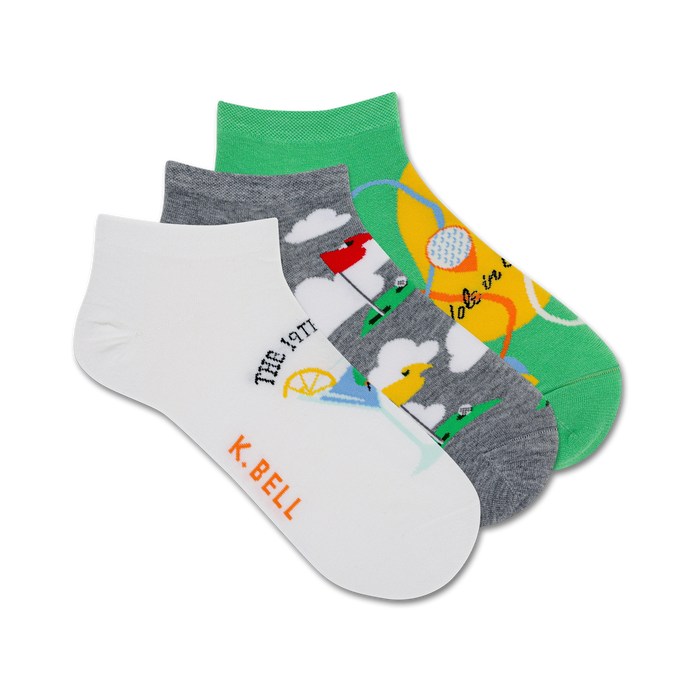 3-pack of women's golfing ankle socks featuring golf clubs, balls, flags, clouds, and lemons patterns   }}