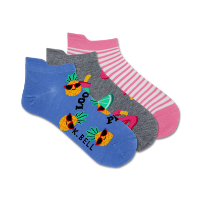 Three ankle socks: one light blue with pineapple designs, one grey with pink flamingos and lime wedges, and one pink and white striped sock.
