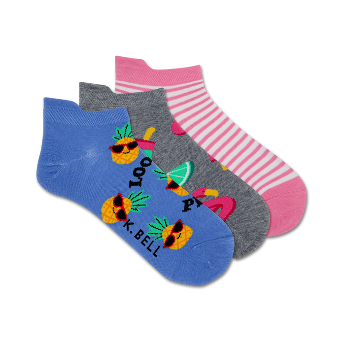 women's ankle socks with summer-themed patterns: sunglasses-wearing pineapples, pink flamingos, lime wedges, and pink and white stripes.   }}