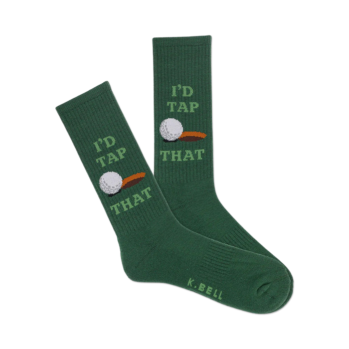 dark green mens' crew socks with white golf ball and brown golf tee. tap that active novelty socks.    }}