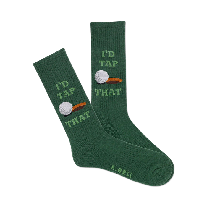 Pair of green crew socks with a golf ball and