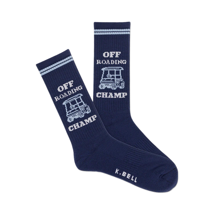 dark blue socks with white stripes and patch featuring the words 
