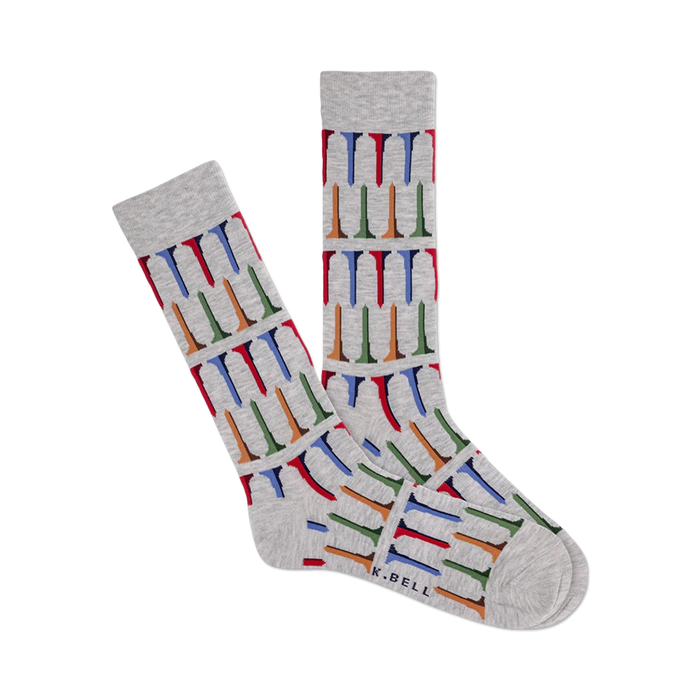 men's gray crew socks with a pattern of colorful golf tees going up the leg.   }}