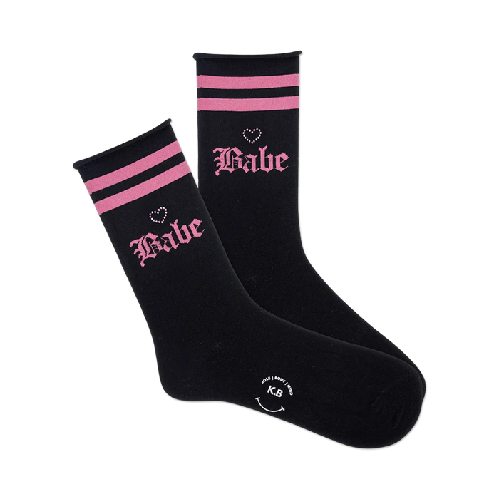 Pair of black crew socks with pink horizontal stripes and a pink 'Babe' graphic. Small pink heart details accent the design. }}