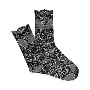 Pair of black sheer lace socks with intricate floral patterns and scalloped edges. Cut/sew design.