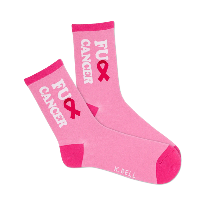 Pair of pink crew socks. Features a pink ribbon and 'FU CANCER' in white lettering. }}