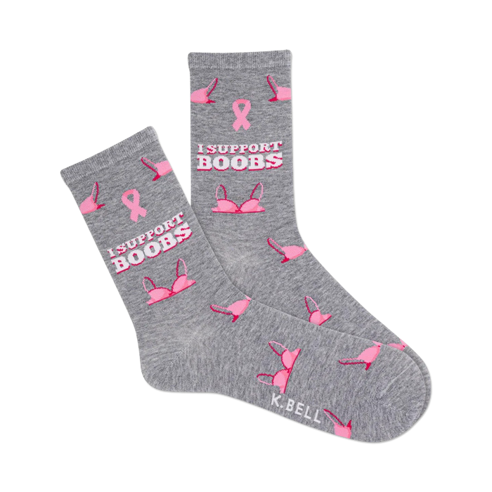 Grey crew socks with a pink breast cancer awareness ribbon and bras, and the text 'I SUPPORT BOOBS'. }}