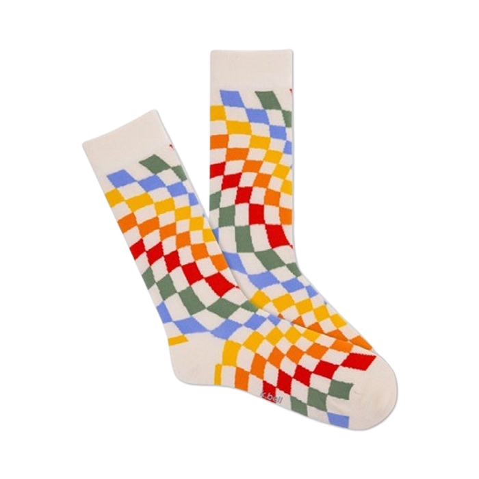 Pair of cream crew socks with a wavy rainbow checkerboard pattern.  Colors include red, orange, yellow, green, and blue. }}