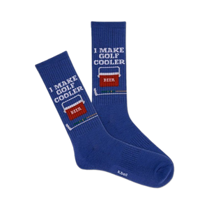 A pair of navy blue crew socks with a white 'I Make Golf Cooler' and beer cooler graphic.