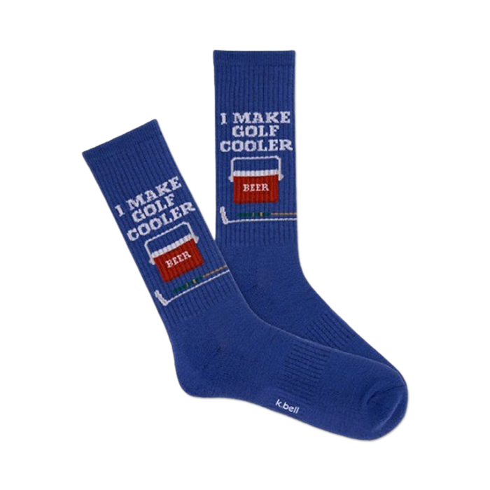 A pair of navy blue crew socks with a white 'I Make Golf Cooler' and beer cooler graphic.