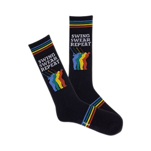 Pair of black crew socks with colorful golfer graphic and 'Swing Swear Repeat' text.  Features rainbow stripes at the cuff.