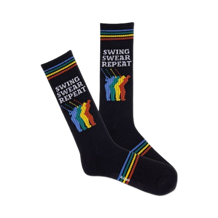 Pair of black crew socks with colorful golfer graphic and 'Swing Swear Repeat' text.  Features rainbow stripes at the cuff.