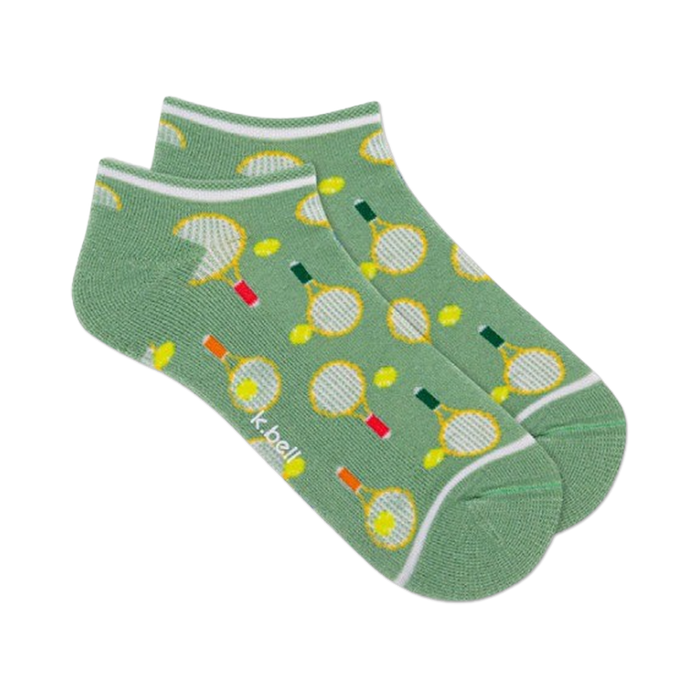womens green ankle socks with pattern of tennis balls and rackets.   }}