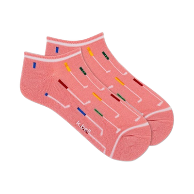 Pair of pink ankle socks with a white band and a pattern of colorful golf clubs.