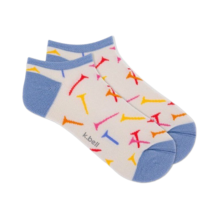 Pair of women's white ankle socks with a scattered pattern of colorful tee shapes and light blue cuffs.