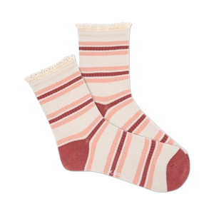 Pair of women's ribbed quarter socks in cream and dusty rose, featuring horizontal stripes and a delicate crochet lace trim at the top.