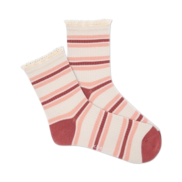 Pair of women's ribbed quarter socks in cream and dusty rose, featuring horizontal stripes and a delicate crochet lace trim at the top.