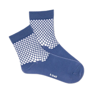 Pair of quarter-length socks in dusty blue with a white fishnet pattern. k.bell logo visible on the heel.