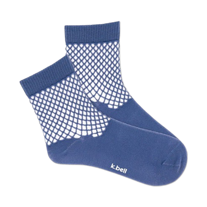 Pair of quarter-length socks in dusty blue with a white fishnet pattern. k.bell logo visible on the heel.