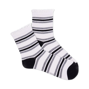 Close-up view of a pair of white and black striped crochet lace ribbed quarter socks.