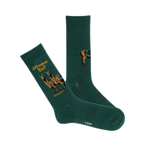 Pair of dark green crew socks with a whimsical llama design and the phrase '¿Como Te?' (Llamas) in yellow text.