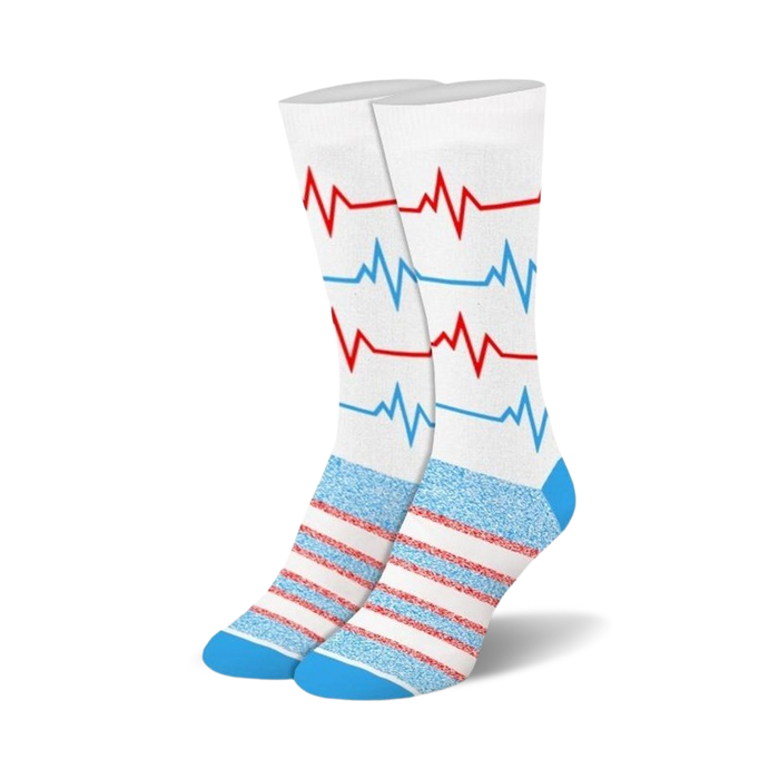 Pair of crew socks with a white background and repeating red and light blue heartbeat print. The cuffs are light blue with thin red stripes. }}