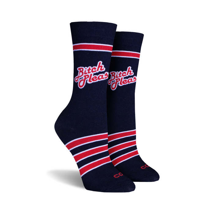 Pair of navy blue crew socks with red and white stripes and the phrase 'Bitch Please' in a red retro font. }}