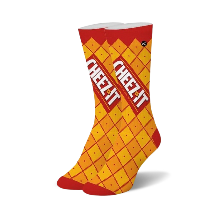 women's crew socks in red and orange with a cheez it pattern.    }}
