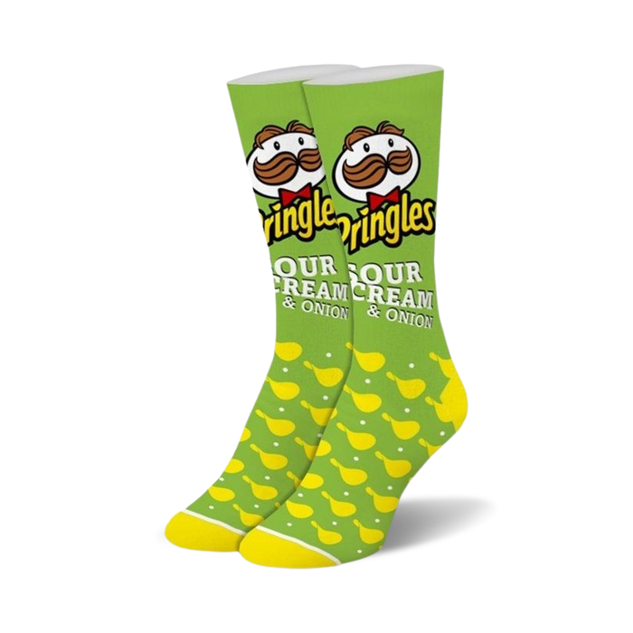 Pair of bright green Pringles Sour Cream & Onion crew socks featuring the Mr. P mascot and a repeating chip pattern. }}
