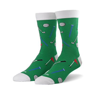 Pair of green crew socks with a fun golf-themed pattern. Features golf balls, clubs, tees, and flags in red, blue, and black.