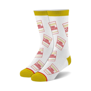 White crew socks with a repeating pattern of red and yellow Cup Noodles cup designs. Yellow cuff detail.