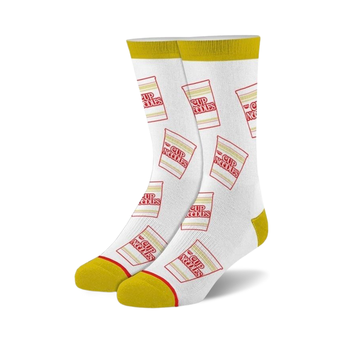 White crew socks with a repeating pattern of red and yellow Cup Noodles cup designs. Yellow cuff detail.