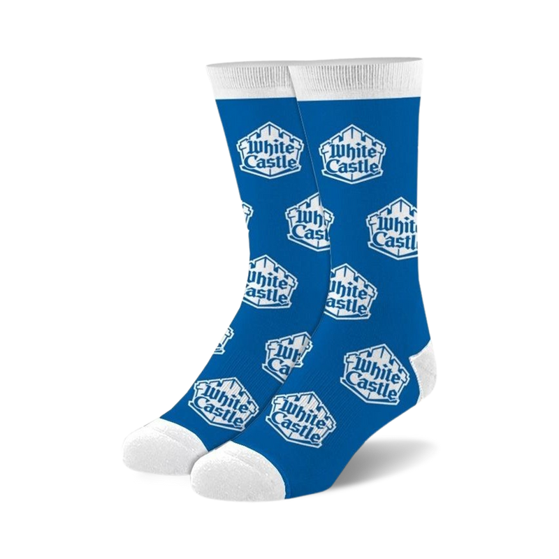 A pair of blue crew socks with a repeated White Castle logo pattern. The logo is white and the socks have white cuffs.
